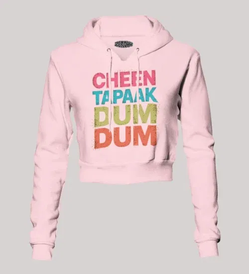 Cheen tapaak dum dum women's crop hoodies in light baby pink color