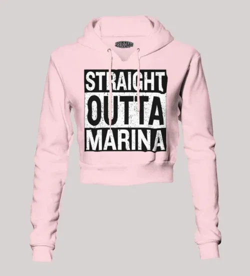 Straight outta marina women's crop hoodies in light baby pink color