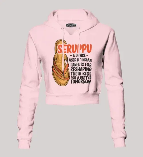 Seruppu - a device used by indian parents women's crop hoodies in light baby pink color