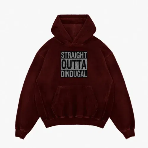 Straight outta dindugal men/unisex acid wash hoodie in maroon color