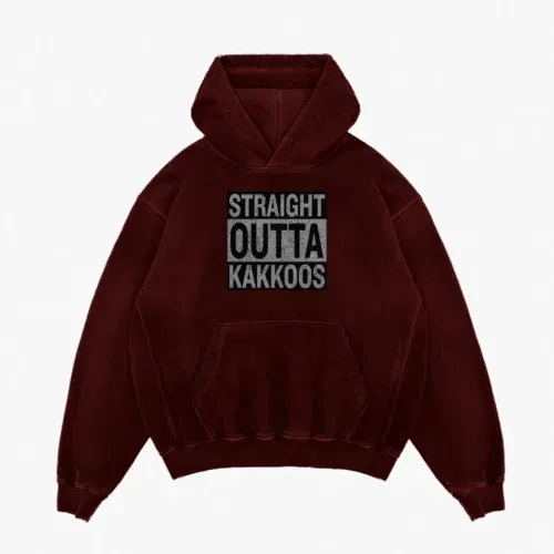 Straight outta kakkoos men/unisex acid wash hoodie in maroon color
