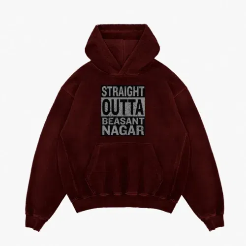 Straight outta beasant nagar men/unisex acid wash hoodie in maroon color