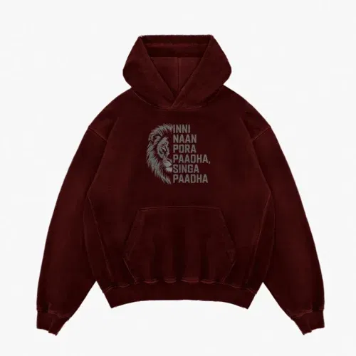 Inni naan pora paadha, singha paadhai men/unisex acid wash hoodie in maroon color