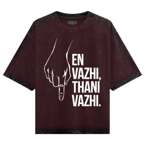 En vazhi, thani vazhi (white) men/unisex acid wash oversized t-shirt in maroon color