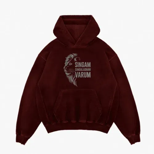 Singam singuladhan varum men/unisex acid wash hoodie in maroon color