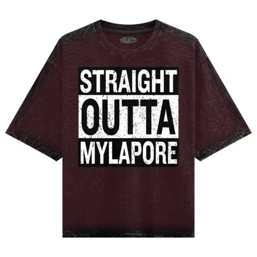 Straight outta mylapore men/unisex acid wash oversized t-shirt in maroon color