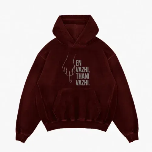 En vazhi, thani vazhi (white) men/unisex acid wash hoodie in maroon color
