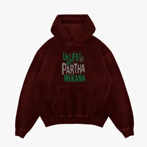 Un life la oru partha irukana men/unisex acid wash hoodie in maroon color