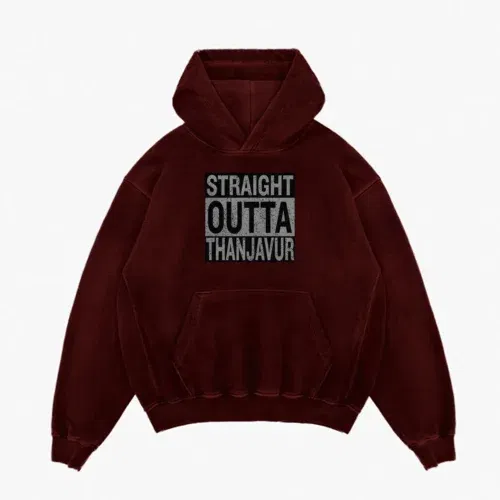 Straight outta thanjavur men/unisex acid wash hoodie in maroon color