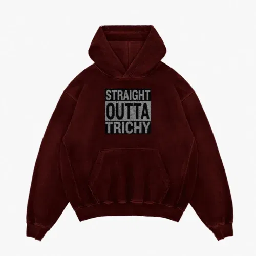 Straight outta trichy men/unisex acid wash hoodie in maroon color