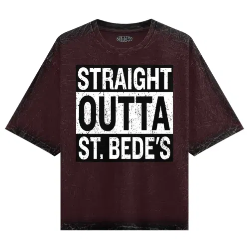 Straight outta st. Bedes men/unisex acid wash oversized t-shirt in maroon color