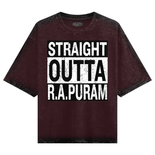 Straight outta r. A puram men/unisex acid wash oversized t-shirt in maroon color