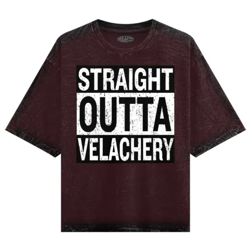 Straight outta velachery men/unisex acid wash oversized t-shirt in maroon color