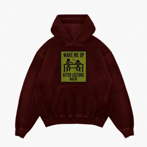 Wake me up after lecture machi men/unisex acid wash hoodie in maroon color