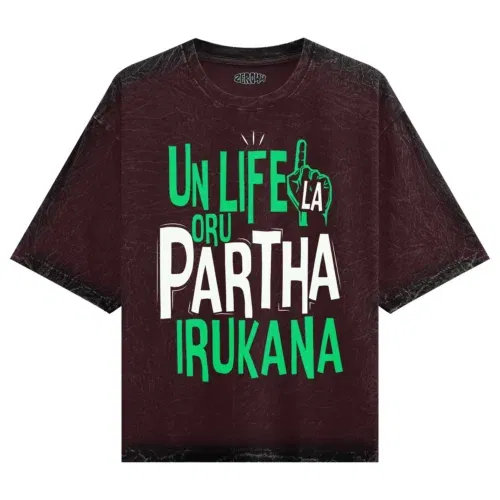 Un life la oru partha irukana men/unisex acid wash oversized t-shirt in maroon color