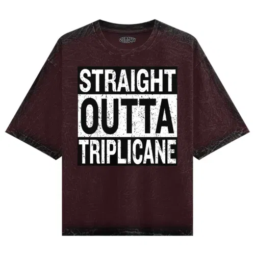 Straight outta triplicane men/unisex acid wash oversized t-shirt in maroon color