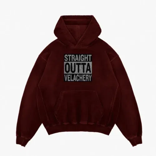 Straight outta velachery men/unisex acid wash hoodie in maroon color