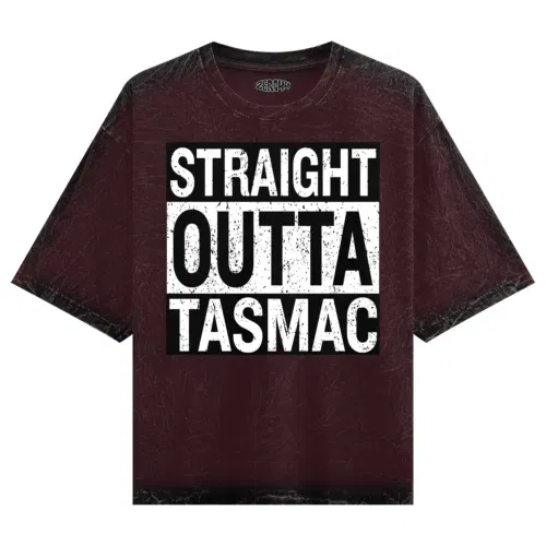Straight outta tasmac men/unisex acid wash oversized t-shirt in maroon color