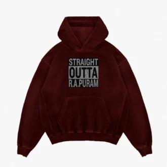 Straight Outta R.A Puram Men/Unisex Acid Wash Hoodie in Maroon Color