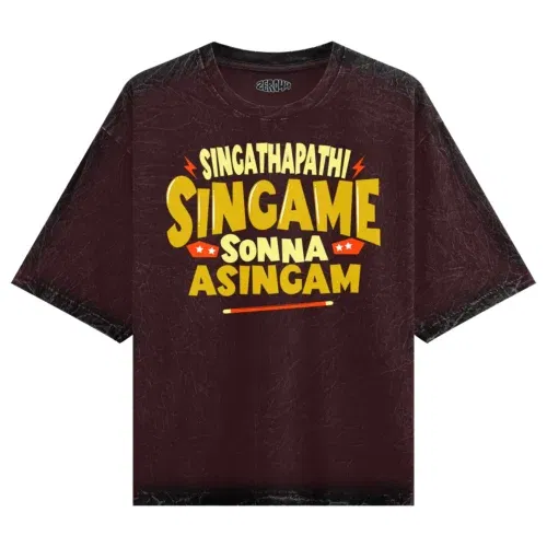 Singathapathi singame sunna asingam men/unisex acid wash oversized t-shirt in maroon color