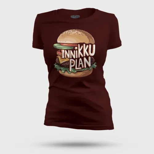 Innikki plan - burger women's t-shirt in maroon color