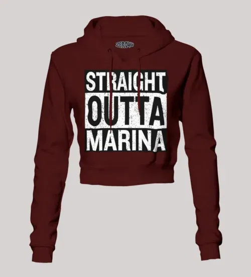 Straight outta marina women's crop hoodies in maroon color