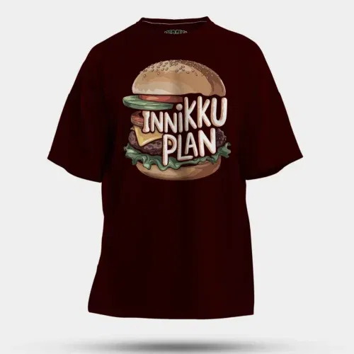 Innikki plan - burger men/unisex oversized t-shirt in maroon color