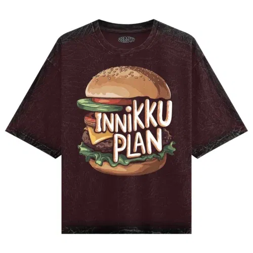 Innikki plan - burger men/unisex acid wash oversized t-shirt in maroon color