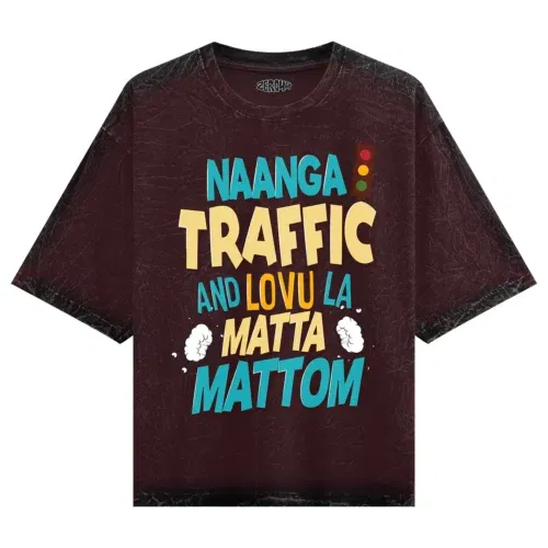 Naanga traffic and lovu la matta mattom men/unisex acid wash oversized t-shirt in maroon color