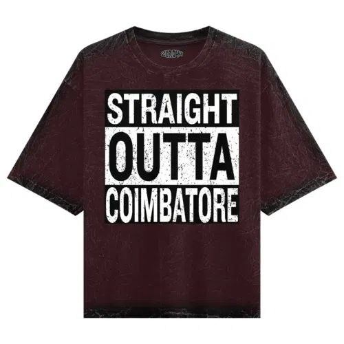Straight outta coimbatore men/unisex acid wash oversized t-shirt in maroon color