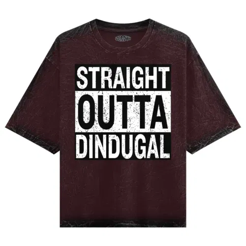 Straight outta dindugal men/unisex acid wash oversized t-shirt in maroon color