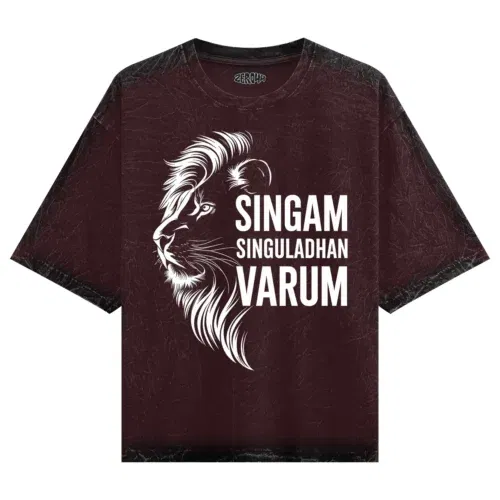 Singam singuladhan varum men/unisex acid wash oversized t-shirt in maroon color