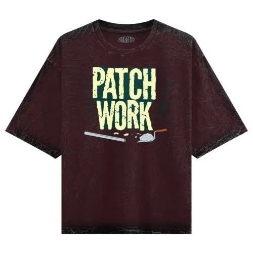 Patch work men/unisex acid wash oversized t-shirt in maroon color