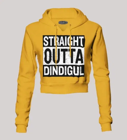Straight outta dindigul women's crop hoodies in mustard yellow color