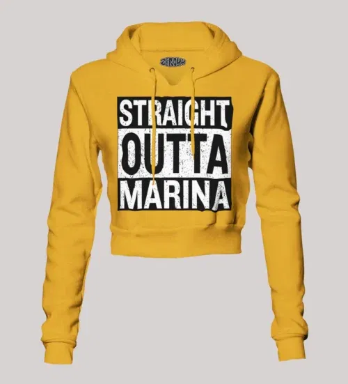 Straight outta marina women's crop hoodies in mustard yellow color