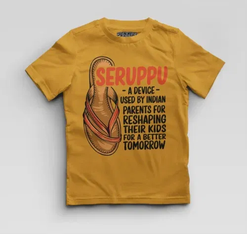 Seruppu - a device used by indian parents boys round neck t-shirt in mustard yellow color
