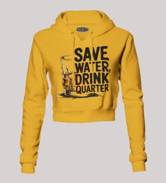 Save Water Drink Quarter Women's Crop Hoodies in Mustard Yellow Color