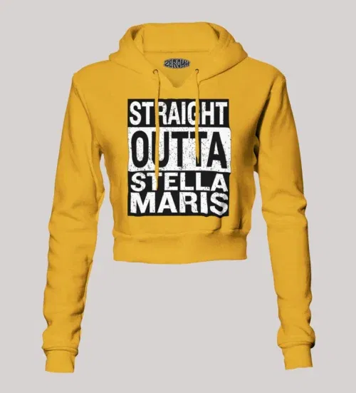 Straight outta stella maris women's crop hoodies in mustard yellow color