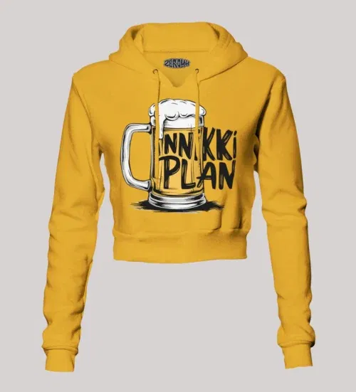 Inniki plan - beer women's crop hoodies in mustard yellow color
