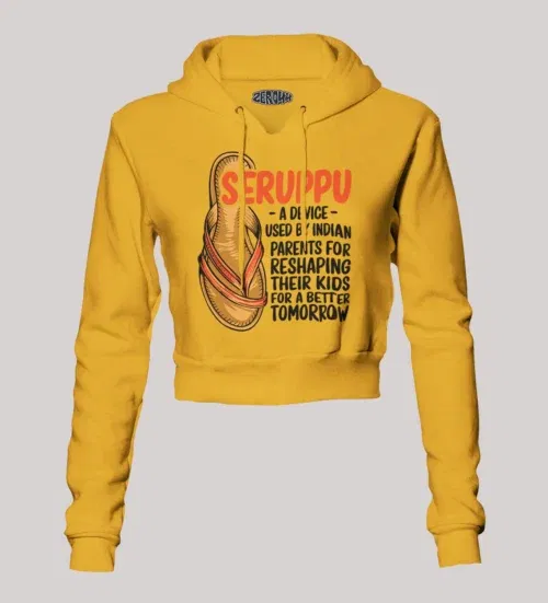 Seruppu - a device used by indian parents women's crop hoodies in mustard yellow color