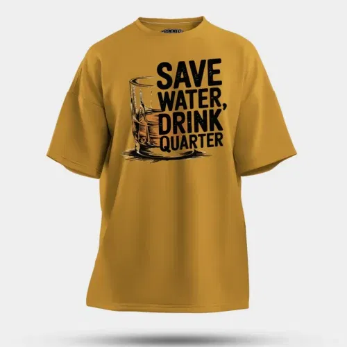 Save water drink quarter men/unisex oversized t-shirt in mustard yellow color