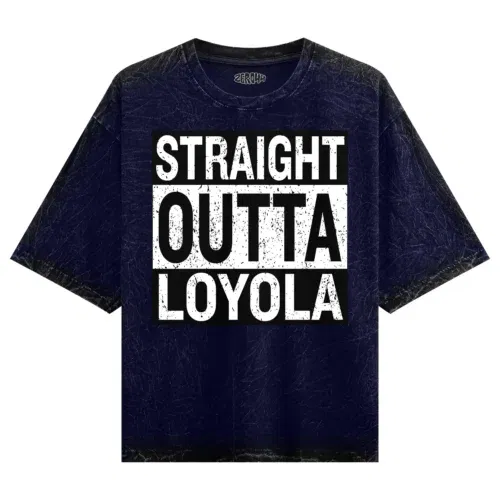 Straight outta loyola men/unisex acid wash oversized t-shirt in navy blue color