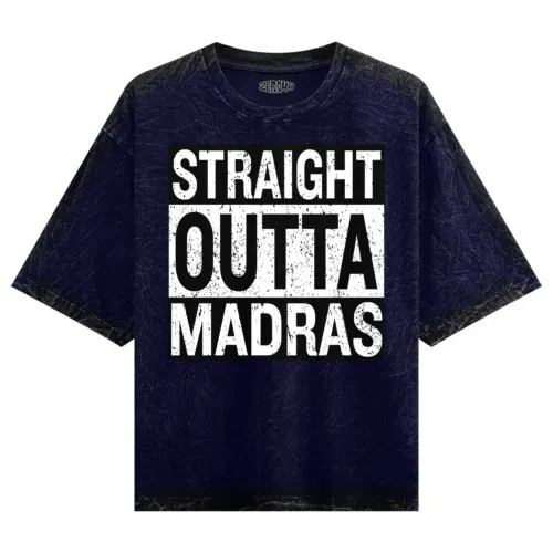 Straight outta madras men/unisex acid wash oversized t-shirt in navy blue color