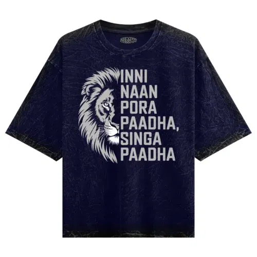 Inni naan pora paadha, singha paadhai men/unisex acid wash oversized t-shirt in navy blue color