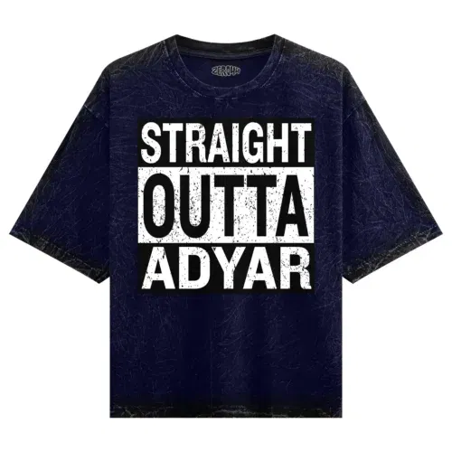 Straight outta adyar men/unisex acid wash oversized t-shirt in navy blue color