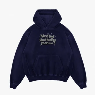 Moona Thotadhu Yaaru Men/Unisex Acid Wash Hoodie in Navy Blue Color
