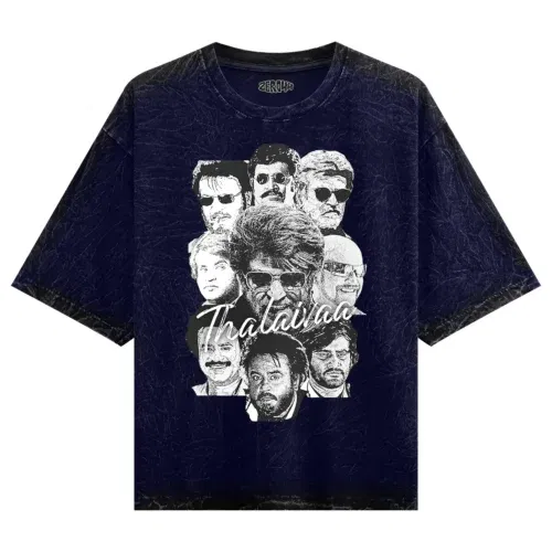 Thalaivaa avatars men/unisex acid wash oversized t-shirt in navy blue color