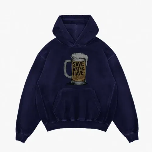 Save water and have sarakku men/unisex acid wash hoodie in navy blue color
