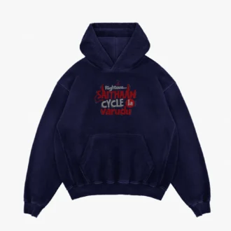 Rightuuu.. Saithaan Cycle La Varudhu Men/Unisex Acid Wash Hoodie in Navy Blue Color