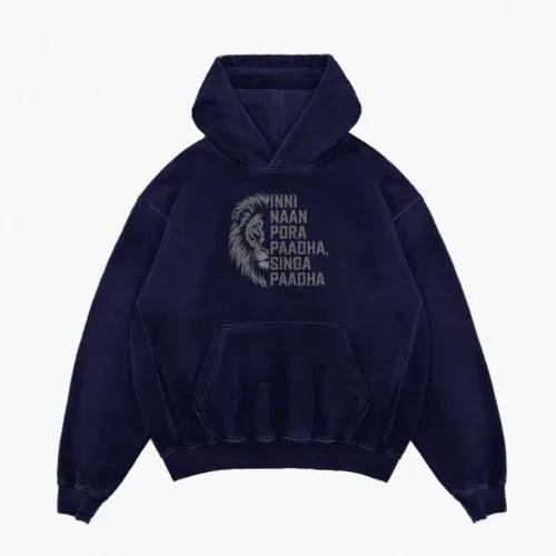 Inni naan pora paadha, singha paadhai men/unisex acid wash hoodie in navy blue color